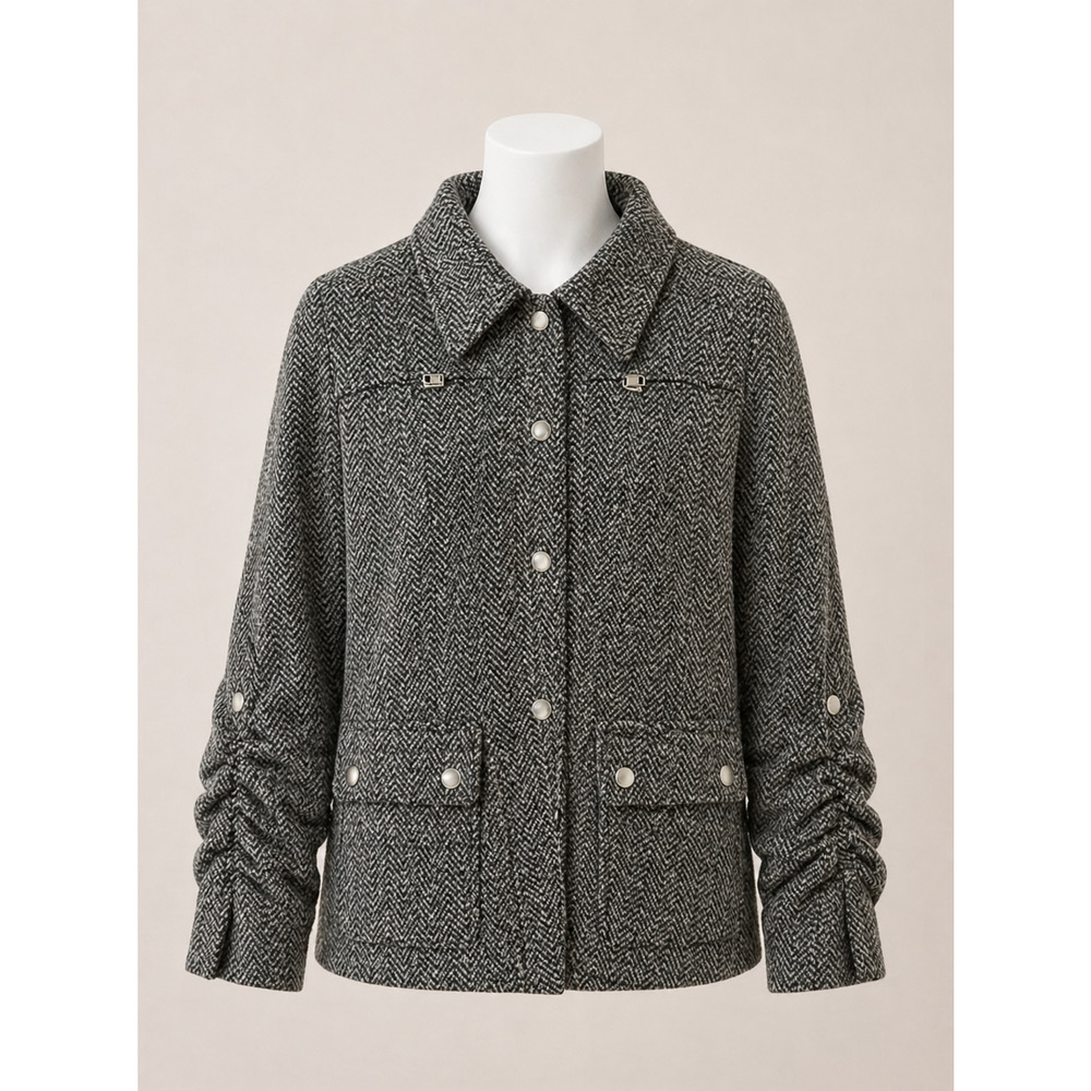 Grey Herringbone Jacket Snap Front Zipper Pockets Modern Casual